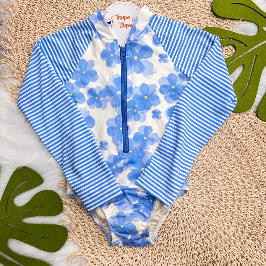 Linha Praia - Maiô Manga Longa Floral com Proteção UV50+ - Azul Claro e Off White 